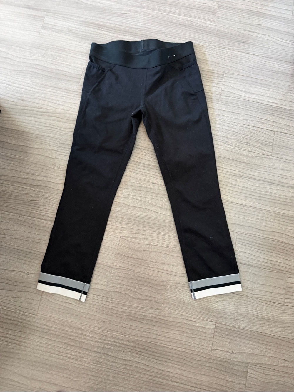 GAP Black Cropped Leggings with White and Gray Hem Stripes